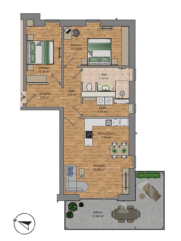 Grundriss 3-Zimmer-Wohnung